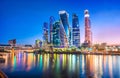 Moscow city skyscrapers and reflection in the Moscow river Royalty Free Stock Photo